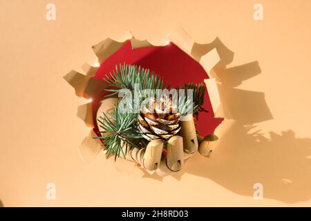 Frohe Weihnachten, Hand mit Tannenzweigen und Kegel durch Papierloch. Kreativer minimalistischer Konzepthintergrund mit beigefarbenem, orangefarbenem Papier. Stockfoto