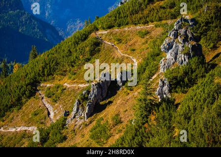 Blick auf Berchtesgaden und Täler von der Jenner Alm auf dem Jenner Berg auf ca. 1800m m ü.d.M. in den bayerischen Alpen, Oberbayern, Süddeutschland Stockfoto