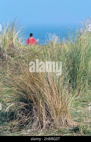 Einsame Frau in rot Blick auf das Meer sizewell Strand sizewell suffolk england Stockfoto