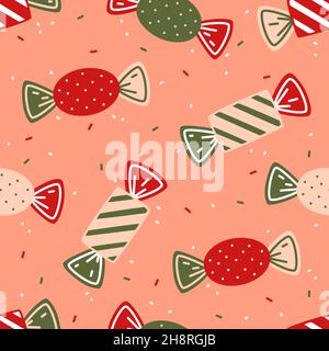 Bonbons in gestreifter Verpackung und roter Verpackung mit Punkten. Nahtloses Vektormuster Stock Vektor