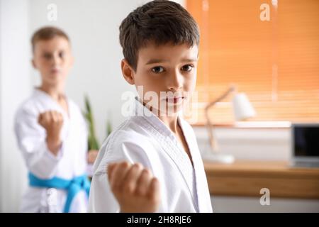 Kleine Jungen üben Karate zu Hause Stockfoto