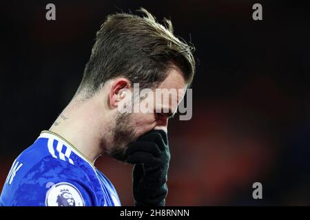 Southampton, England, 1st. Dezember 2021. James Maddison von Leicester City nach dem Premier League-Spiel im St. Mary's Stadium, Southampton. Bildnachweis sollte lauten: Kieran Cleeves / Sportimage Kredit: Sportimage/Alamy Live News Stockfoto