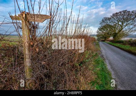 Auf einer schmalen Landstraße, typisch britischer Winter nahe Sonnenuntergang, markiert einen Fußweg, der durch eine Öffnung über Felder und Ackerland führt. Stockfoto