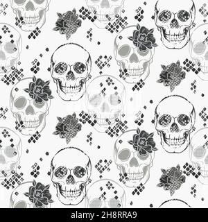 Totenkopf-Muster mit Blumen neutralen Farben Textur. Nahtloser, floraler Boho-Hintergrund für textilen Druck. Stock Vektor