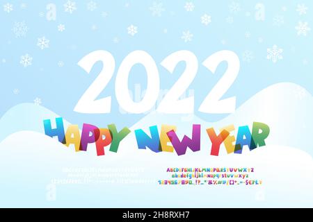 Kreativer Flyer Frohes Neues Jahr mit Cartoon-Mehrfarbentext in der Winterlandschaft. Zwei Vektorsätze mit dekorativen Schriftarten sind im Lieferumfang enthalten. Stock Vektor