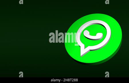 WhatsApp Button 3D Rendering Design auf dunkelgrünem Hintergrund. Dreidimensionales What's App-Logo Grün glänzendes Symbol. Wenig Platz Stockfoto