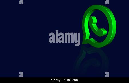 Modernes WhatsApp 3D Logo Minimal in dunkelblau Hintergrund mit Kopierfläche. Glänzend was App-Symbol Glas Schatten trendigen Stil. 3D Rendern Stockfoto