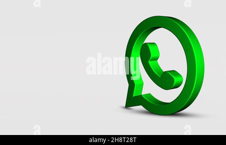 3D WhatsApp Logo Design auf weißem Hintergrund. Dreidimensionale What's App Grün glänzendes Symbol. Minimaler Kopierspeicher Stockfoto