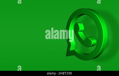 3D WhatsApp Logo Minimal Grüner Hintergrund mit Kopierraum. Hochglanz, was App Icon 3D Rendering ist Stockfoto