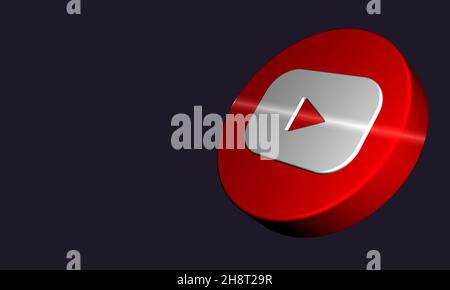 3D Rendering YouTube Button in Dark Background. Dreidimensionale You Tube Flying flashed Logo Stil mit Kopierraum Social Media 3D Visualisierung Mot Stockfoto