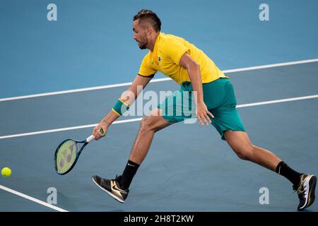 SYDNEY, AUSTRALIEN - 09. JANUAR: Nick Kyrgios aus Australien spielt am siebten Tag des Viertelfinalmatches beim ATP Cup Tennis 2020 in der Ken Rosewall Arena am 09. Januar 2020 in Sydney, Australien, einen Fallschuss. Stockfoto