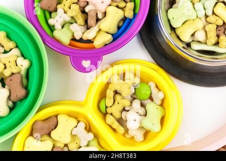 Viele bunte Schalen zur Auswahl mit Snacks für Hund auf weißem Hintergrund. Hundefutter und bunte Knochen. Stockfoto