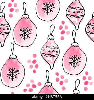 Aquarell nahtlose handgezeichnete Muster mit rosa Weihnachtselemente, moderne Boho Hintergrund mit erröten Girly Ornamente Schneeflocken Strümpfe abstrakte Formen, zum Einwickeln Papier Textil Party Dekoration Stockfoto