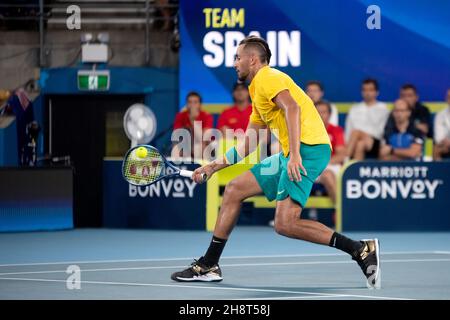 SYDNEY, AUSTRALIEN - 11. JANUAR: Nick Kyrgios aus Australien spielt am neunten Tag des Halbfinalmatches beim ATP Cup Tennis 2020 in der Ken Rosewall Arena am 11. Januar 2020 in Sydney, Australien, einen Tiefschlag. Stockfoto