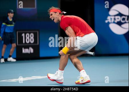 SYDNEY, AUSTRALIEN - 11. JANUAR: Rafael Nadal aus Spanien feiert seinen Sieg am 9. Tag des Halbfinalmatches beim ATP Cup Tennis 2020 in der Ken Rosewall Arena am 11. Januar 2020 in Sydney, Australien. Stockfoto