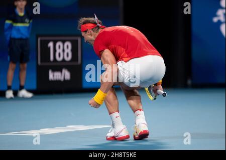 SYDNEY, AUSTRALIEN - 11. JANUAR: Rafael Nadal aus Spanien feiert seinen Sieg am 9. Tag des Halbfinalmatches beim ATP Cup Tennis 2020 in der Ken Rosewall Arena am 11. Januar 2020 in Sydney, Australien. Stockfoto