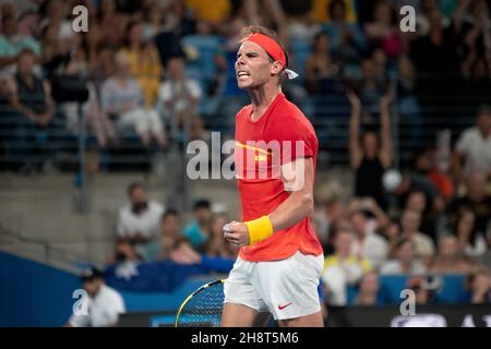 SYDNEY, AUSTRALIEN - 11. JANUAR: Rafael Nadal aus Spanien feiert seinen Sieg am 9. Tag des Halbfinalmatches beim ATP Cup Tennis 2020 in der Ken Rosewall Arena am 11. Januar 2020 in Sydney, Australien. Stockfoto