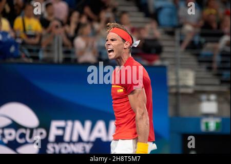 SYDNEY, AUSTRALIEN - 11. JANUAR: Rafael Nadal aus Spanien feiert seinen Sieg am 9. Tag des Halbfinalmatches beim ATP Cup Tennis 2020 in der Ken Rosewall Arena am 11. Januar 2020 in Sydney, Australien. Stockfoto