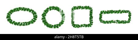 Efeu-Rahmen, Kletterpflanze mit grünen Blättern von kriechenden Pflanzen. Runde, rechteckige und quadratische hedera-Ränder isoliert auf weißem Hintergrund. Designelemente für Einladungsdekor, realistisches 3D Vektor-Set Stock Vektor