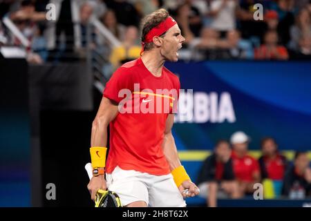 SYDNEY, AUSTRALIEN - 12. JANUAR: Rafael Nadal aus Spanien brüllt am 2020. Januar 2020 in Sydney, Australien, am 10. Tag des Einzelfinales beim ATP Cup Tennis 12 in der Ken Rosewall Arena aus. Stockfoto