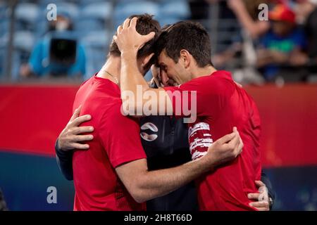 SYDNEY, AUSTRALIEN - 12. JANUAR: Das serbische Team feiert den Gewinn des ATP Cup Tennis 2020 in der Ken Rosewall Arena am 12. Januar 2020 in Sydney, Australien. Stockfoto