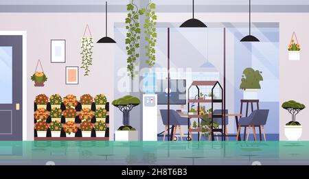 Coworking Center mit Topfpflanzen und Blumen auf Regalen Gartenkonzept Büro innen horizontal Stock Vektor