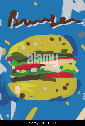 Kunst und Handwerk Produkt Burger Street Food und Street Art, blau und Splash-Farbe, Grunge Render, ästhetische Graffiti. Fast Food Grunge Malerei und Vibration Stockfoto