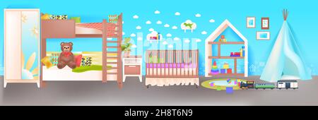 Die Innenausstattung des Kinderzimmers ist leer, das Kinderzimmer mit dem Holzkrippe ist horizontal Stock Vektor
