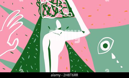 Einfallsreiche menschliche Probleme und Hand betrifft ihn, eine Linie Kunst Auge weinend, Illustration mit Expressionismus. Seltsame Trauer einfaches Papier, klare Farbe. Modder Stockfoto
