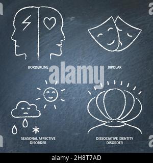 Symbol für psychische Störungen auf der Tafel in Linienform gesetzt. Symbole für grenzwertige Persönlichkeit, saisonale affektive, bipolare und dissoziative Identitätsstörungen. V Stock Vektor