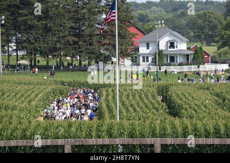 Dyersville, Usa. 02nd Dez 2021. Fans laufen am Donnerstag, den 12. August 2021, durch ein Maisfeld vom Filed of Dreams Filmset-Ballpark zum MLB Field of Dreams Maisfeld-Ballpark in Dyersville, Iowa. Die New York Yankees und Chicago White Sox werden das erste MLB-Spiel der regulären Saison in Iowa spielen. Foto von Pat Benic/UPI Credit: UPI/Alamy Live News Stockfoto