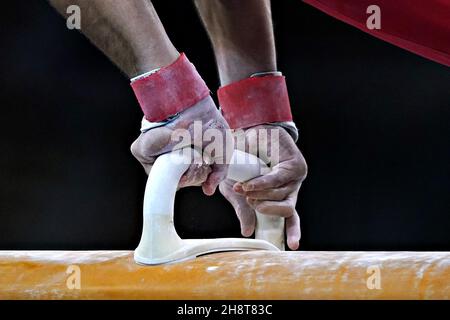 Tokio, Japan. 02nd Dez 2021. Detail der Hände des armenischen Artur Dawtyan während seiner Routine auf dem Pummelpferd während des Vorwettbewerbs der Männerturnen im Ariake Gymnastik Center während der Olympischen Spiele in Tokio, Japan, am Samstag, dem 24. Juli 2021. Foto von Richard Ellis/UPI Credit: UPI/Alamy Live News Stockfoto