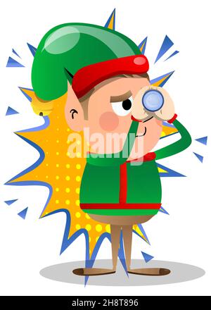 Weihnachtself hält ein Fernglas in den Händen. Vektor Cartoon Figur Illustration von Santa Claus kleinen Arbeiter, Helfer. Stock Vektor