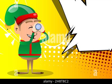 Weihnachtself hält ein Fernglas in den Händen. Vektor Cartoon Figur Illustration von Santa Claus kleinen Arbeiter, Helfer. Stock Vektor