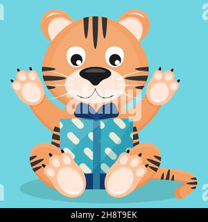 Das Symbol des Jahres der Tiger sitzt mit einem Neujahr Geschenk Stock Vektor