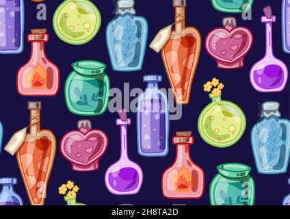 Vektor nahtloses Muster mit bunten Flaschen mit Tränken und Tinkturen. Alchemistische Gifte. Witch Gegengifte. Textur mit handgezeichneter Cartoon bot Stock Vektor