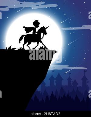 Silhouette Ritter ridng Einhorn mit Vollmond Hintergrund Illustration Stock Vektor