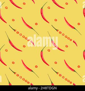 Nahtloses Gewürzmuster mit roten Paprika-Schoten diagonal auf gelbem Hintergrund. Seitenverhältnis 1:1. Gesunde Ernährung Konzept Stockfoto