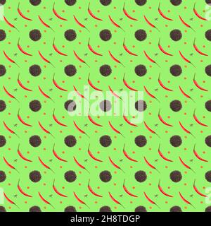 Nahtloses Gewürzmuster mit roten Paprikaschoten, geschnittenen Paprikascheiben, schwarzen Paprikaschoten auf grünem Hintergrund. Seitenverhältnis 1:1. Gesunde Ernährung c Stockfoto
