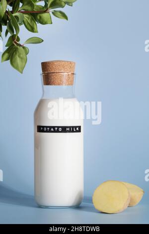 Vegane Kartoffelmilch in der Flasche mit geschnittenen Kartoffeln und grüner Pflanze auf blauem Hintergrund. Laktosefreies Produkt. Gesundes vegetarisches Essen. Stockfoto