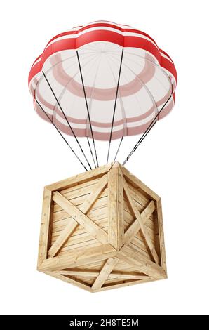 Fallschirm mit Holzkiste isoliert auf weißem Hintergrund. Transport- und Versandkonzept. 3D Abbildung. Stockfoto