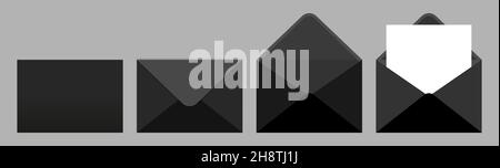 Satz realistischer schwarzer Umschläge in verschiedenen Positionen. Umschlagmockup gefaltet und ausgeklappt. Vektordarstellung auf weißem Hintergrund isoliert Stock Vektor