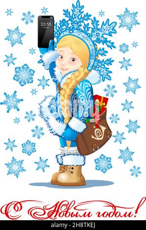 Vector Gruß Neujahrskarte mit Cartoon Snow Maiden - Postmann, mit Brieftasche und Geschenken. Übersetzen: Glückliches neues Jahr verfügbar eps-10 Format separat Stock Vektor