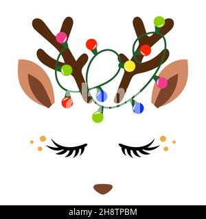 Hirsch Kopf, Rentier Gesicht mit schönen Wimpern. Vektor-Illustration für Karten- und Hemddesign für Herbstferien. Skandinavisches Design, gut für Stoff Stock Vektor