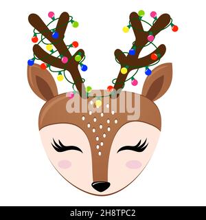 Niedliches Hirsch-Design, verstrickt in Weihnachtsgirlande. Lustige handgezeichnete Doodle, Zeichentrickfigur. Gut geeignet für Weihnachts-Schlafanzug, Pullover, Poster oder T-Shirt Stock Vektor