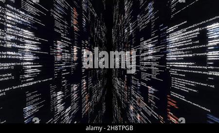 Quellcodewände auf schwarzem Hintergrund. Animation. Tauchen Sie ein in den Cyberspace mit Wänden von Quellcode auf schwarzem Hintergrund. Programme und Codes der Matrix cyb Stockfoto