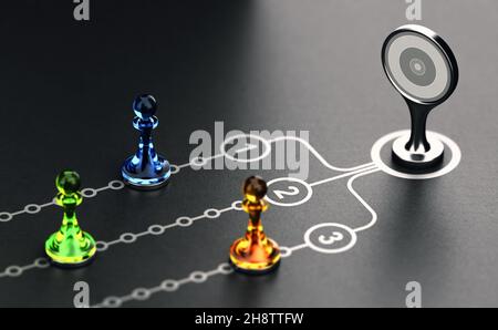 3D Abbildung der Glasfiguren ovec schwarzer Hintergrund mit einem Ziel. Konzept von OKR, Objective und Key Results. Stockfoto