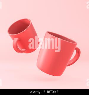 Rote Tassen auf rosa Hintergrund. 3D Rendern. Stockfoto