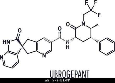 Ubrogepant Migräne-Molekül CGRP-Rezeptor-Antagonist, Skelett chemische Formel. Vektorgrafik Stock Vektor