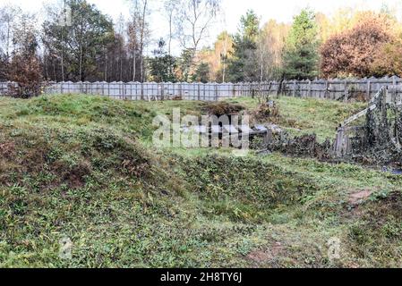 Sherwood Pines, Großbritannien - 19 Nov, 2021: Erholung Schützengräben an vorderster Front im Weltkrieg 1 als Teil eines Denkmals im Sherwood-Kiefernwald, Nottinghamshire, Großbritannien Stockfoto